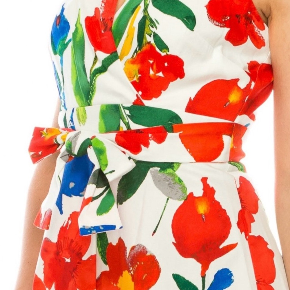 London Times White Halter Dress with Red, Blue and Green Floral Print - Picture 3 of 7